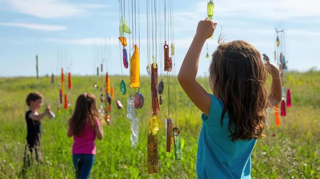 A young girl is holding up a string of colorful beads photo