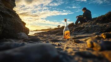 A man sitting on the beach with a bottle of wine photo