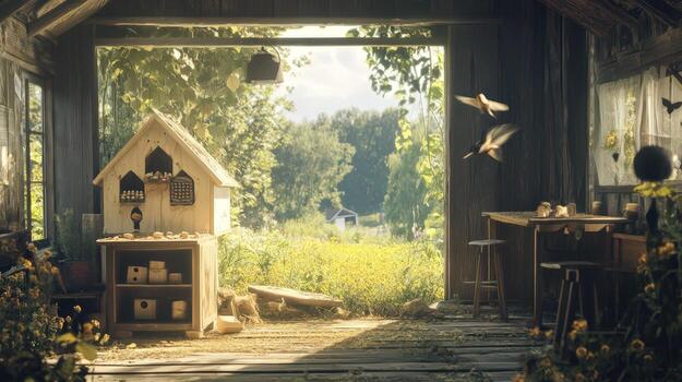 A birdhouse and a bird feeder in a room photo
