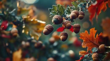 Autumn acorns on a tree branch photo