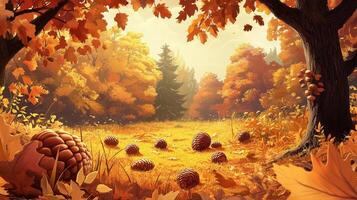 An autumn scene with leaves and pine cones photo