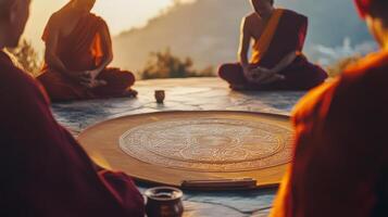Three buddhist monks sitting around a circular table photo