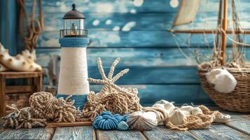 A lighthouse with a rope and sea shells photo