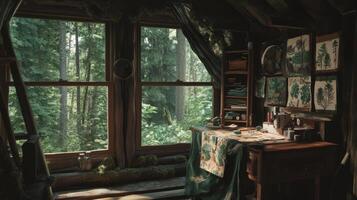 A room with a desk and a window with trees outside photo