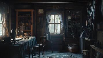 A dark room with a desk and a clock photo