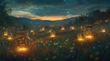 Mason jars filled with glowing lights in a field photo