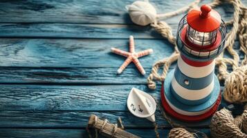 Lighthouse with starfish and rope on wooden background photo