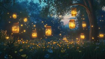 Fireflies in the night sky with mason jars photo
