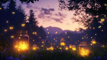 Fireflies in jars on the grass at sunset photo