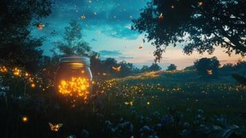 Fireflies in a jar with butterflies flying around it photo