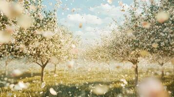 An apple tree field with lots of white blossoms photo