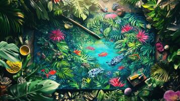 A painting of tropical plants and animals photo
