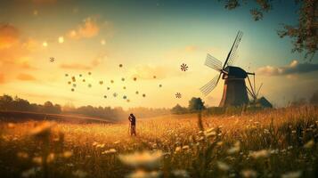 A windmill and a field with flowers at sunset photo