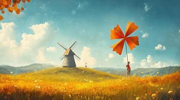 A windmill and a man standing in front of a field with an orange windmill photo