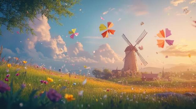 Windmill, flowers, and butterflies in a field photo
