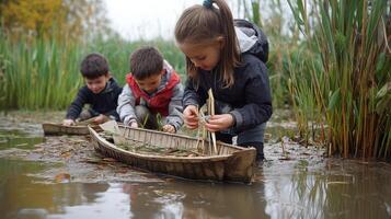 Three children playing in a boat in a marsh photo