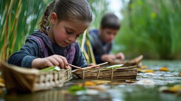 Two children are playing with a small boat in the water photo