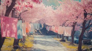 A path lined with pink trees and clothes hanging on the line photo