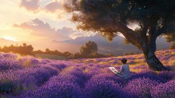 A man sitting in a lavender field with a laptop photo