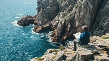 Man sitting on the edge of a cliff looking at the ocean photo