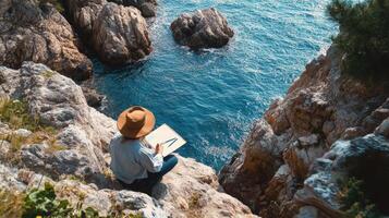 A man sitting on a rock overlooking the sea photo