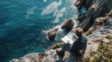 A man sitting on a cliff overlooking the ocean photo