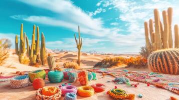 Colorful yarns and cactus in the desert photo