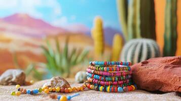 A stack of colorful beads on a desert sand photo