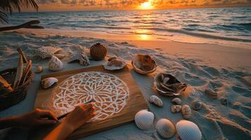 A person drawing on a beach with shells and shells photo