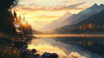 An artist's easel is set up near a lake and mountains photo