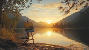 An easel and easel stand next to a lake at sunset photo