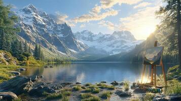 An artist's easel and a lake in the mountains photo