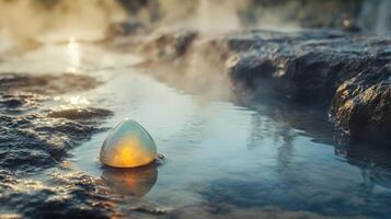 A white egg sitting in a pool of water photo