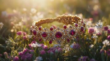 A gold bracelet with red stones sitting in a field of flowers photo