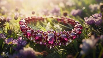 A bracelet with pink stones sitting in the grass photo