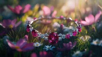 A ruby and diamond ring in a field of flowers photo