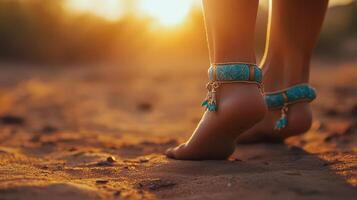 A woman's feet with colorful jewelry on them photo