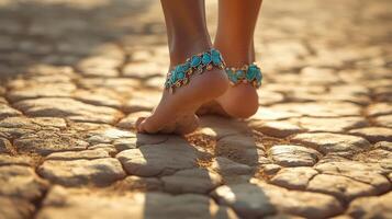 A woman's feet are standing on a dry ground photo