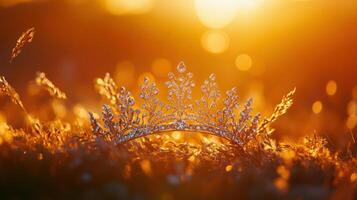 A crown sits in the grass at sunset photo