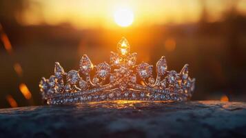 A crown sits on top of a rock at sunset photo