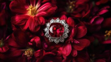 A red diamond ring surrounded by red flowers photo