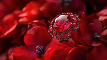 A red diamond is surrounded by red flowers photo