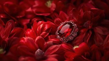 A red diamond is sitting on top of a bunch of red flowers photo