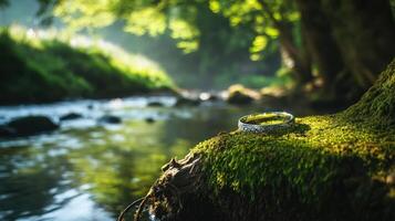 A wedding ring sits on a mossy tree branch by a river photo