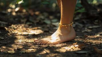 A woman's bare feet in the woods photo