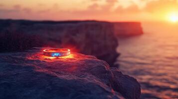 A ring light on top of a rock overlooking the ocean photo
