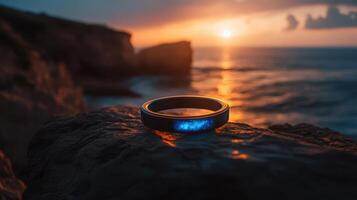 A ring with a blue glow on it sits on a rock photo