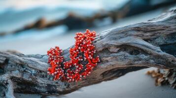 Red berries on a tree branch on the beach photo