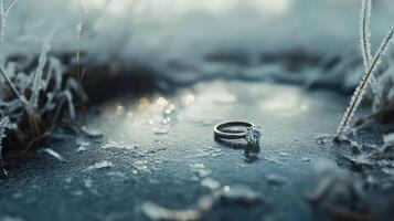 Wedding rings on ice in the middle of a field photo