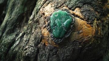 A green stone is on the side of a tree photo
